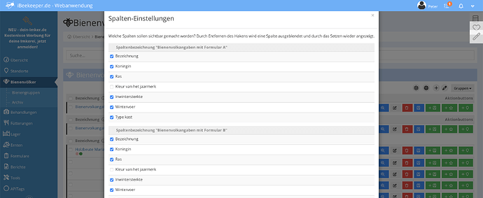 Spalteneinstellungen Bienenvölker Übersicht